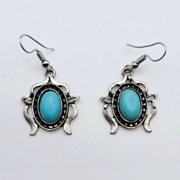 Boho Silver Filigree Faux Turquoise Statement Bib Necklace & Earring Set - Picture 8 of 10